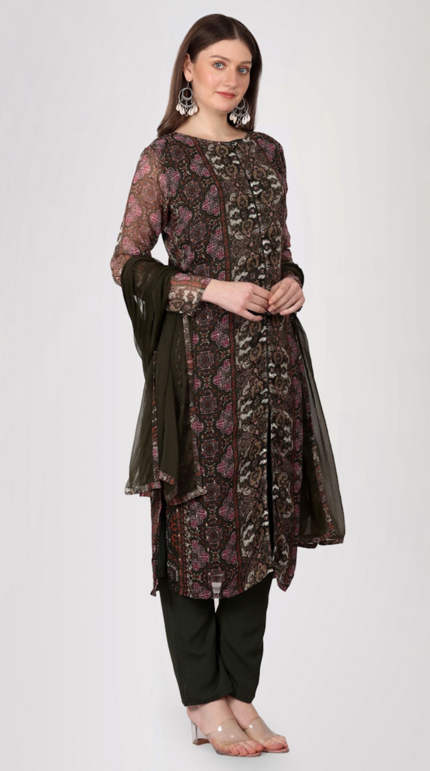 Brown Georgette Printed Straight Cut Suit Set
