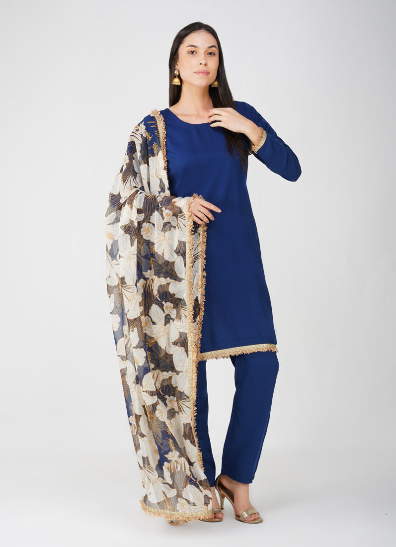 Navy Blue Crepe Suit Set