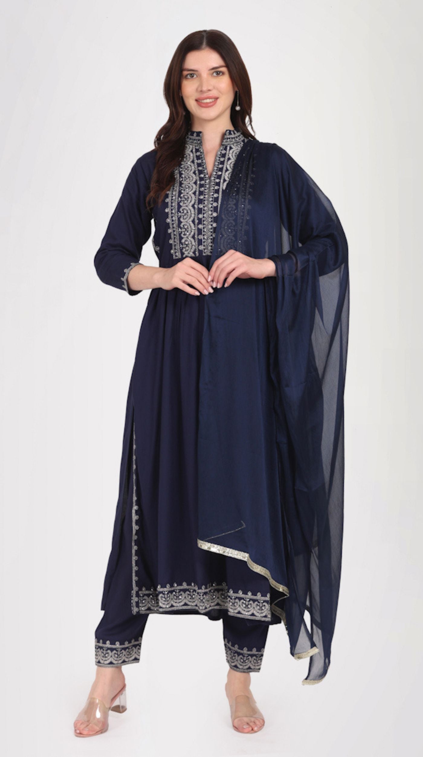 Navy Blue Zari Embroidered Suit Set