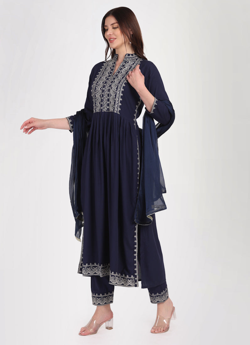 Navy Blue Zari Embroidered Suit Set
