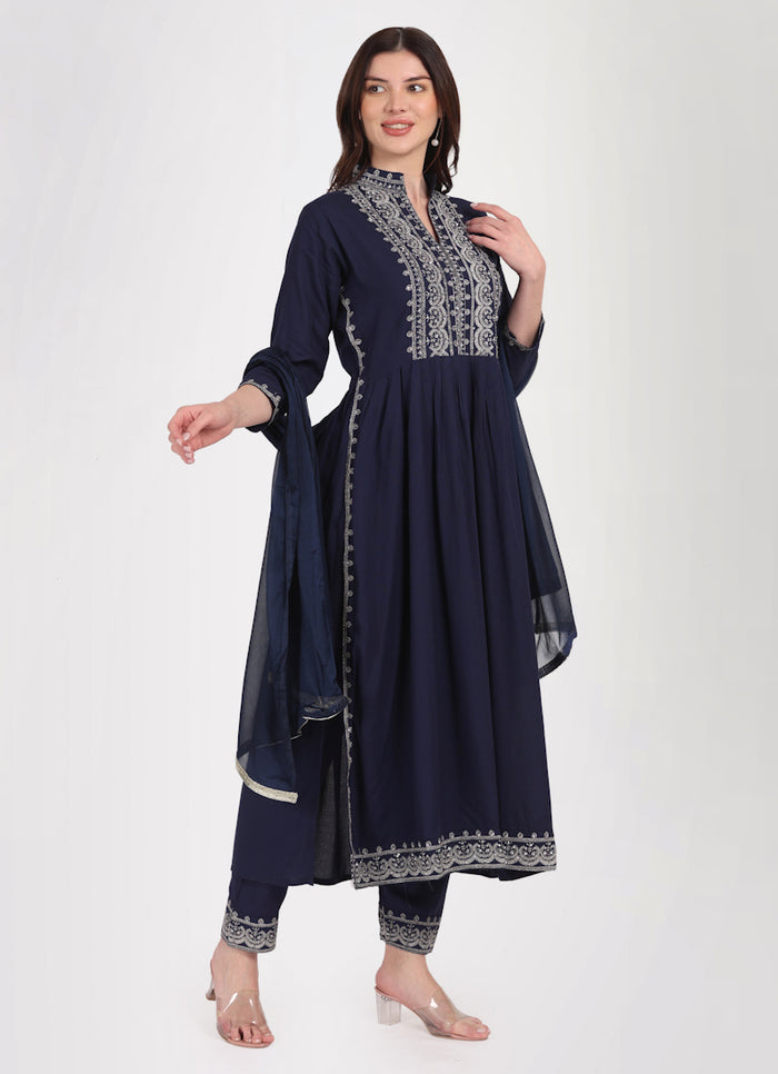 Navy Blue Cotton Blend Mirror Work With Zari Embroidery Suit Pant main image 1