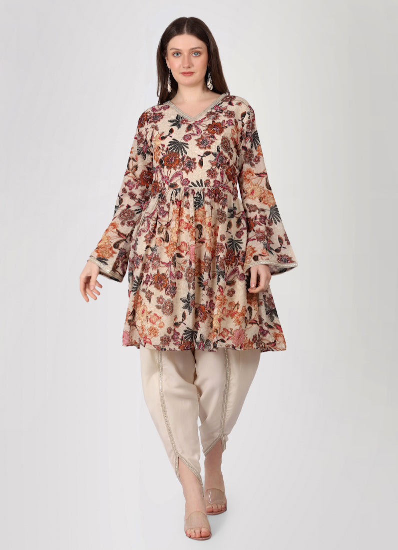 Ivory Floral Printed Peplum Suit Set
