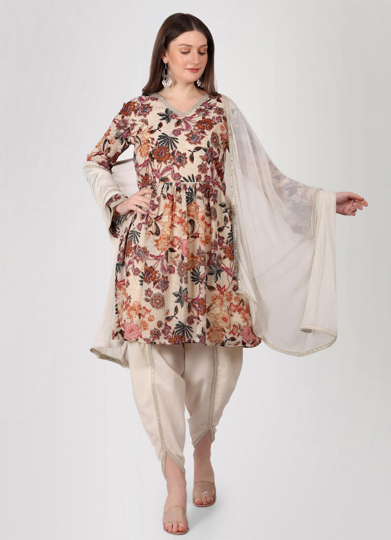 Ivory Floral Printed Peplum Suit Set