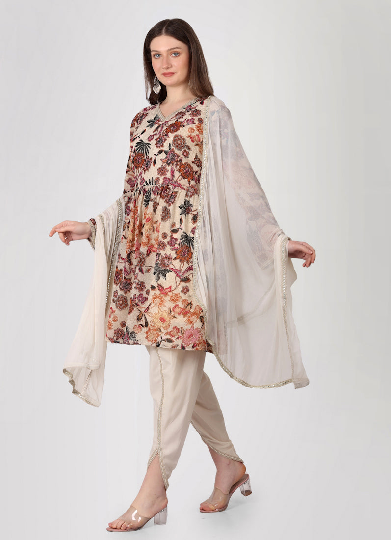 Ivory Floral Printed Peplum Suit Set