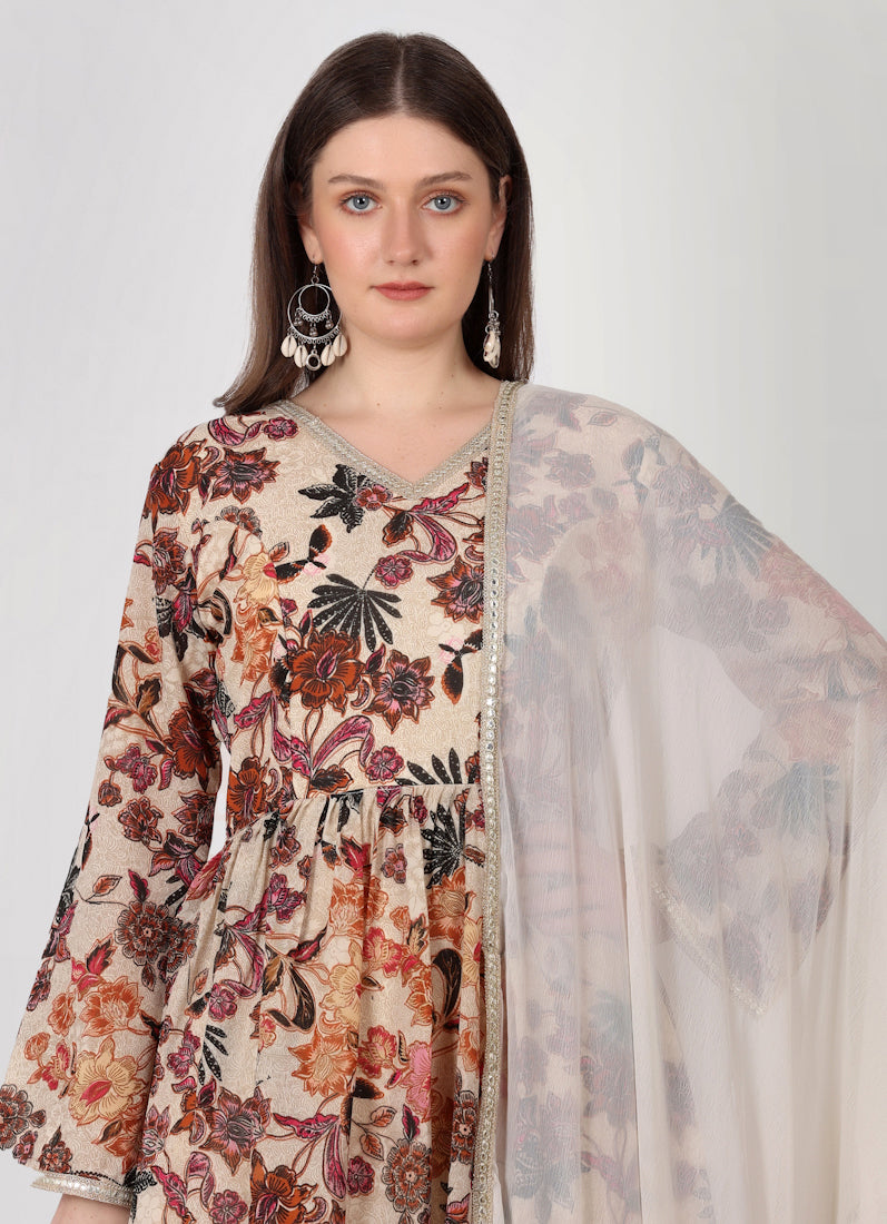 Ivory Floral Printed Peplum Suit Set
