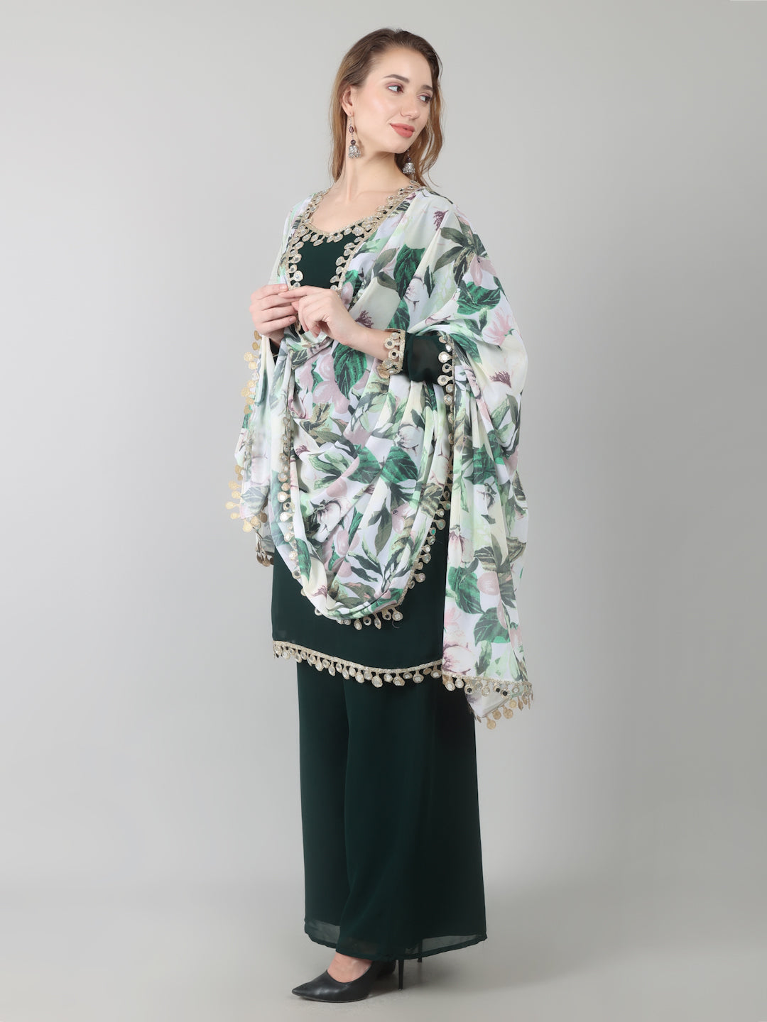 Dark Green Georgette Printed Dupatta Suit Set