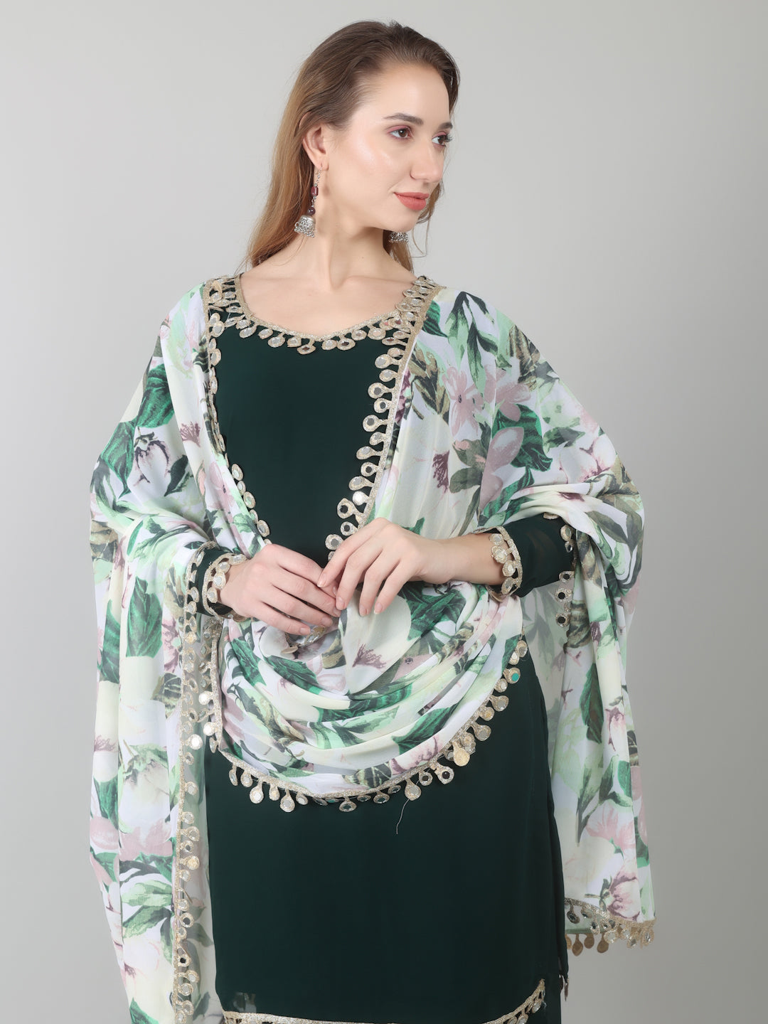 Dark Green Georgette Printed Dupatta Suit Set
