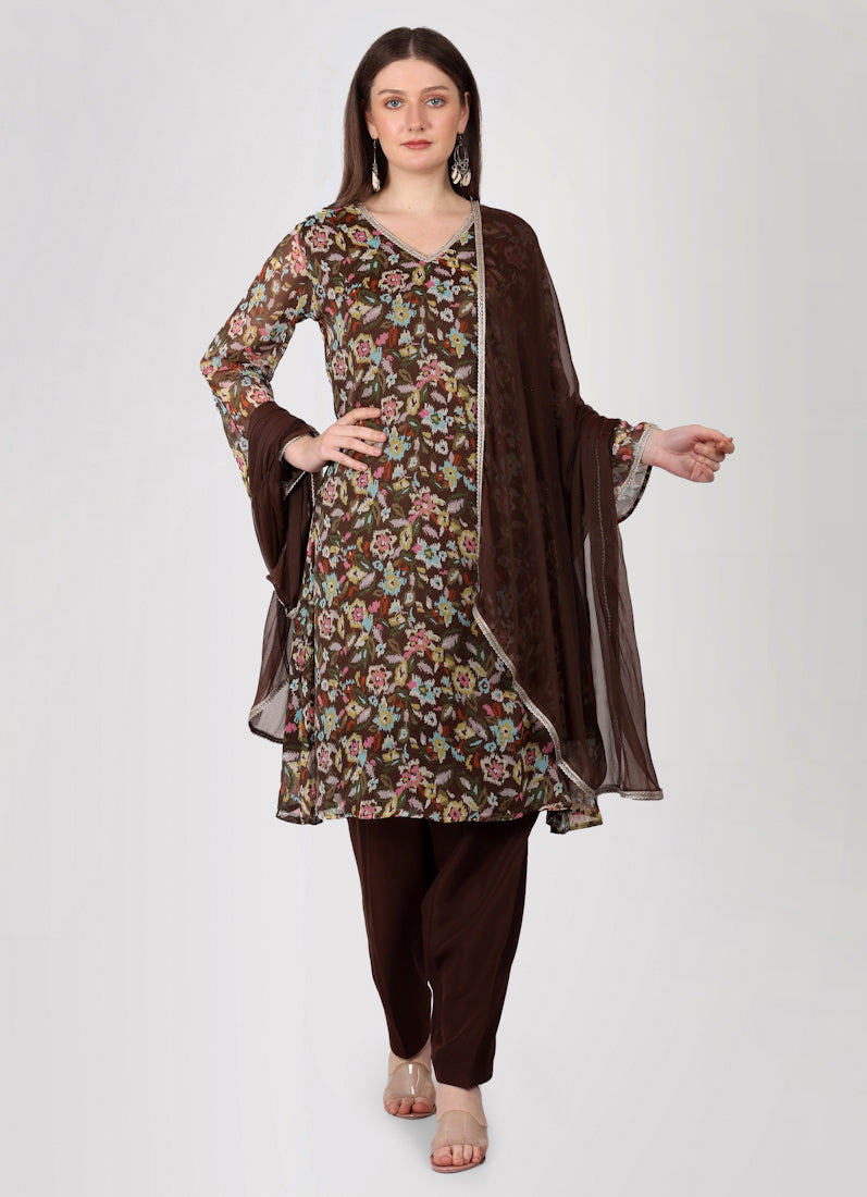 Brown Gerorgette Lurex A-Line Suit Set