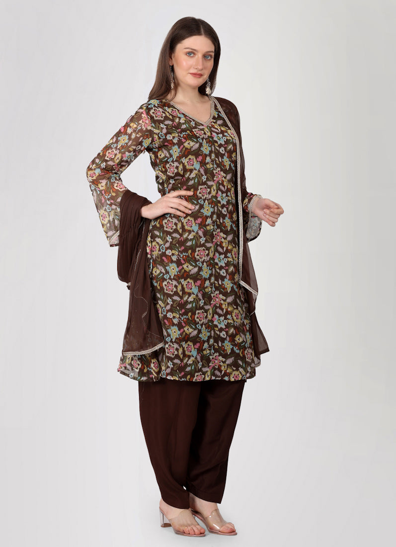 Brown Gerorgette Lurex A-Line Suit Set