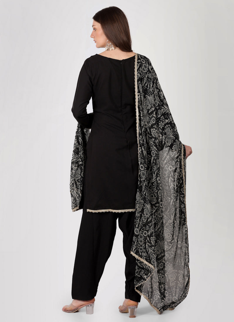 Black Crepe Printed Dupatta Suit Set