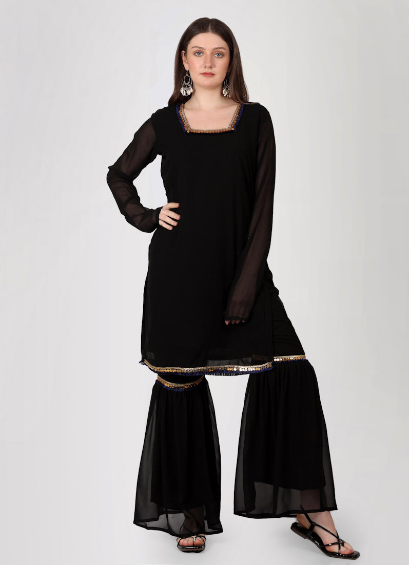 Black Georgette Gharara Printed Dupatta Suit Set