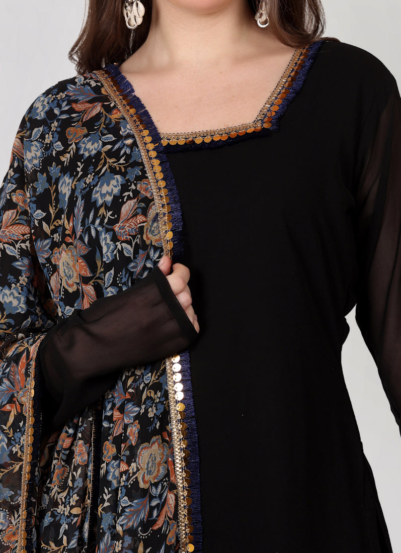 Black Georgette Gharara Printed Dupatta Suit Set