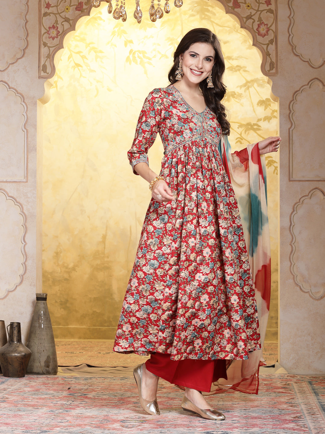 Red Flared Embroidered Suit Set