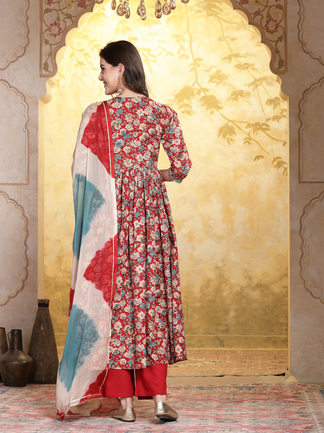 Red Flared Embroidered Suit Set