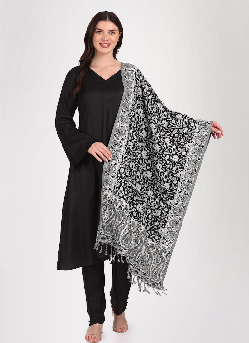 Black Rayon A-Line Shawl Suit Set