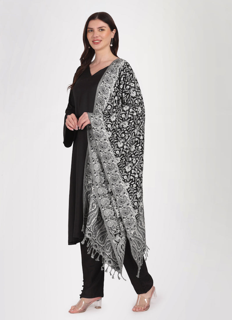 Black Rayon A-Line Shawl Suit Set