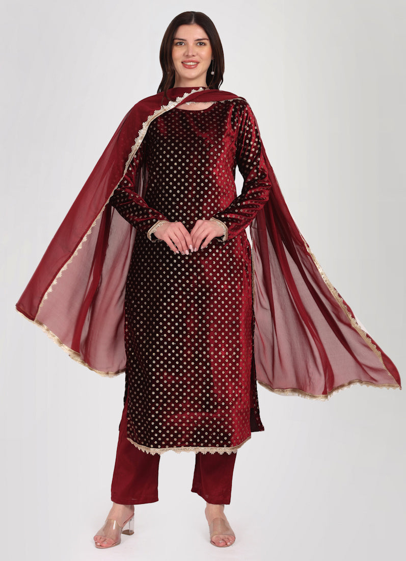 Maroon Velvet Straight Cut Suit Set