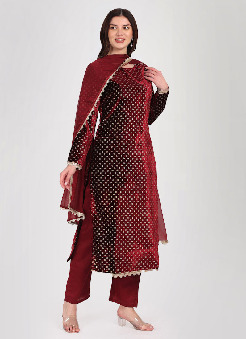Maroon Velvet Straight Cut Suit Set