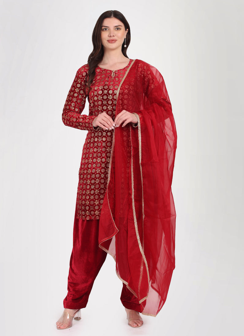 Maroon Velvet Shift Style Suit Set
