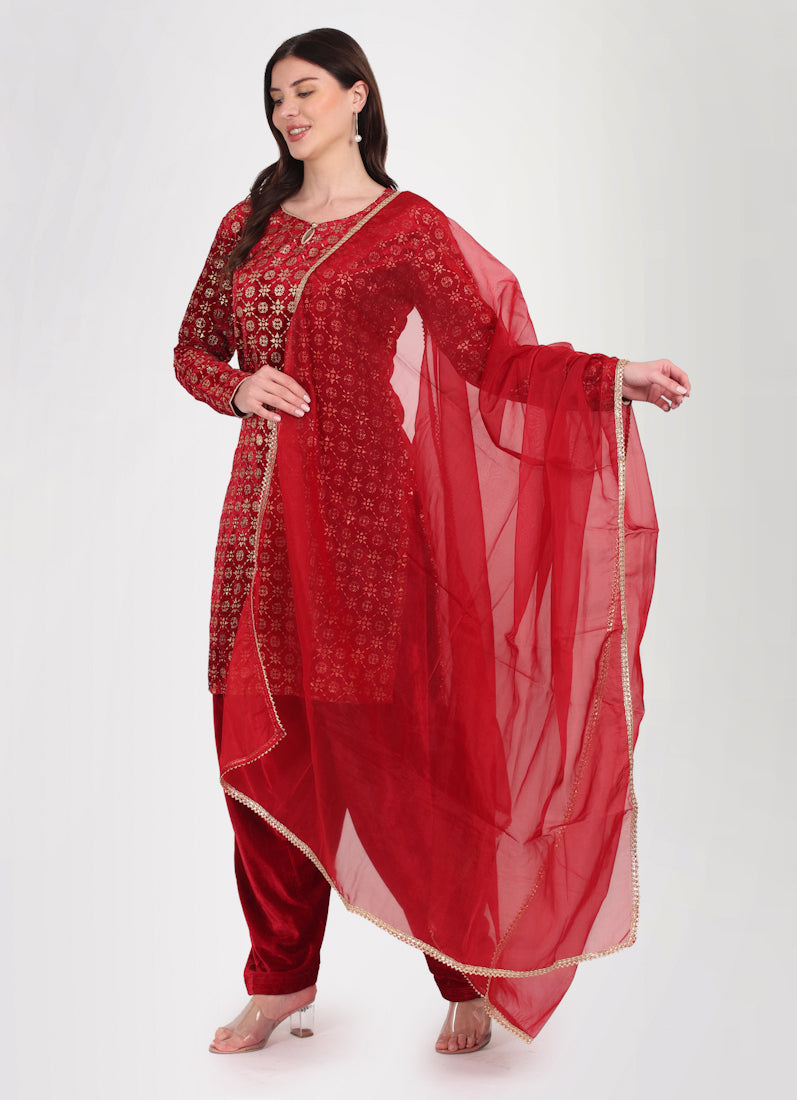 Maroon Velvet Shift Style Suit Set