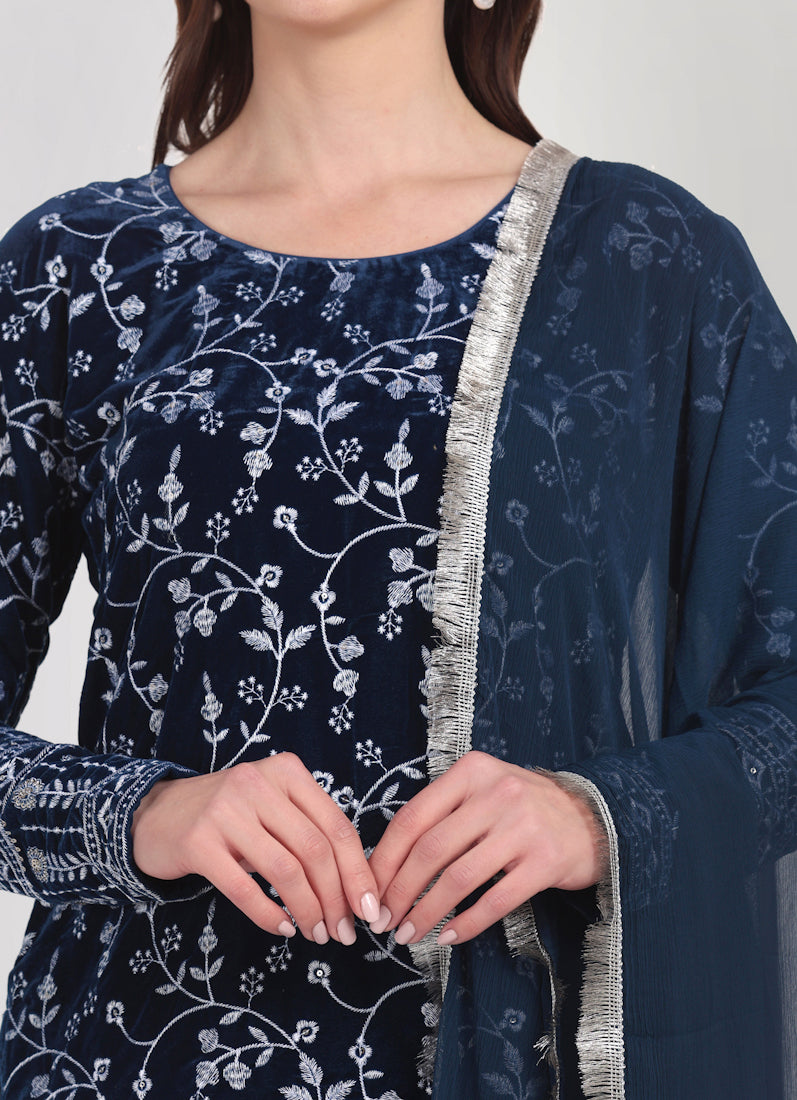 Navy Blue Velvet Embroidered Suit Set