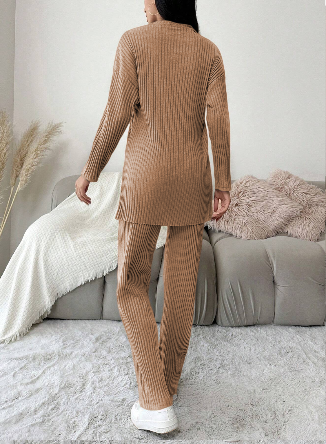 Tan Cotton Ribbed Co-Ord Set