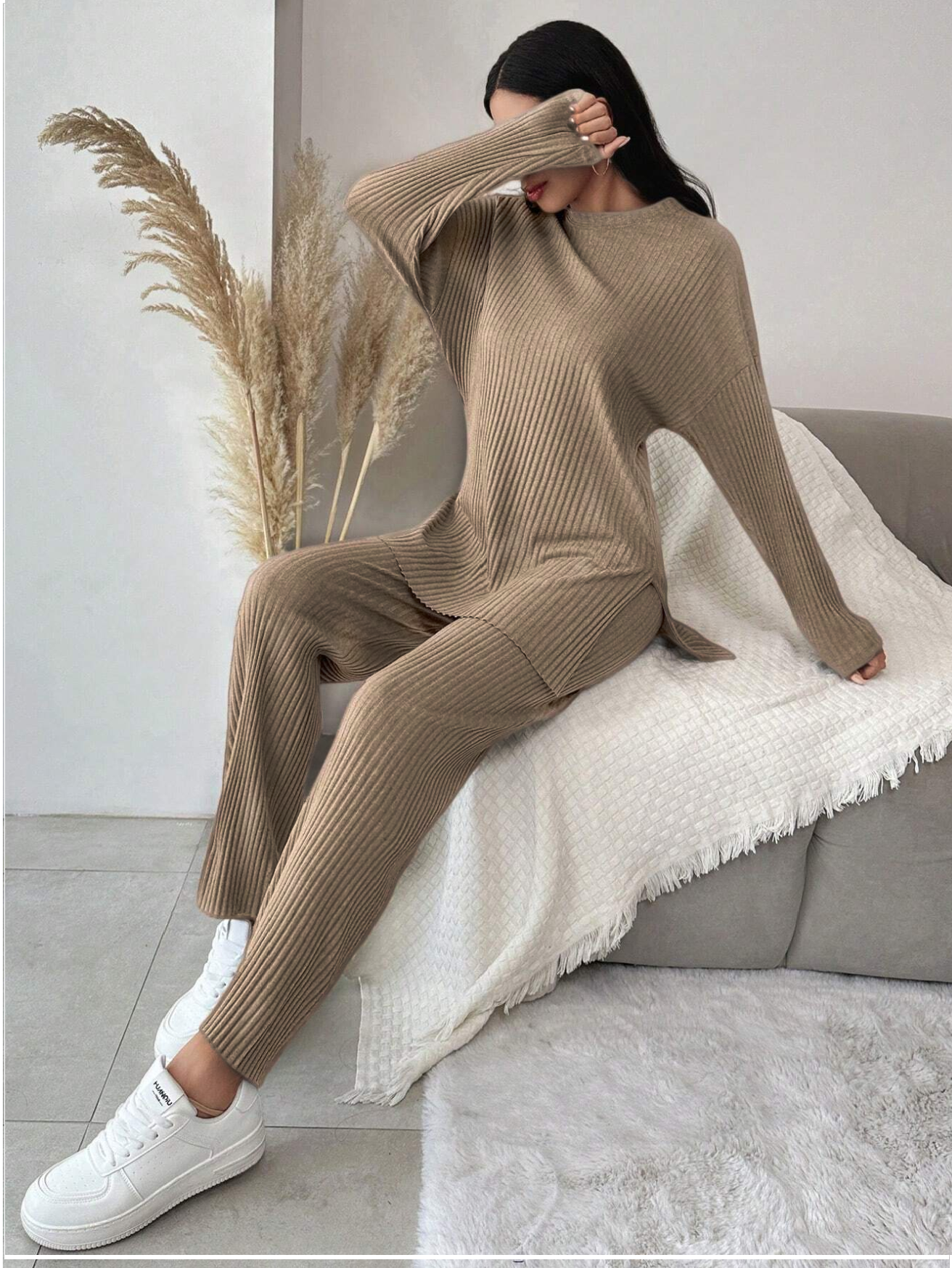 Tan Brown Cotton Ribbed Co-Ord Set