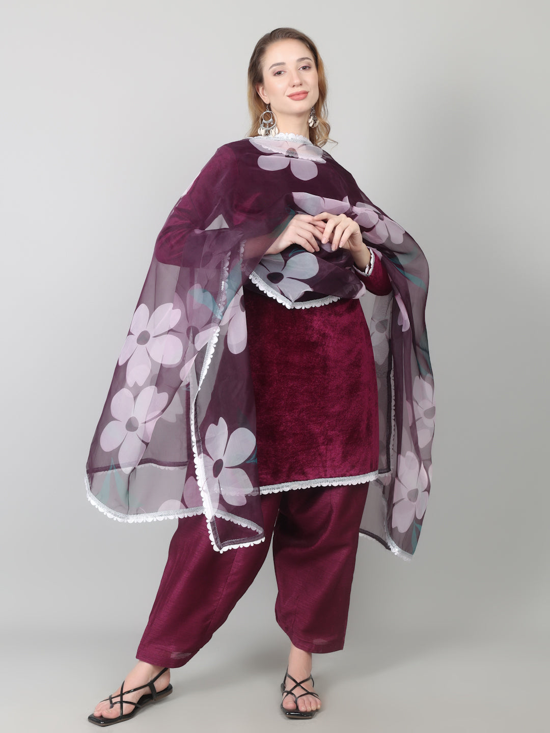 Wine Velvet Printed Dupatta Suit Set