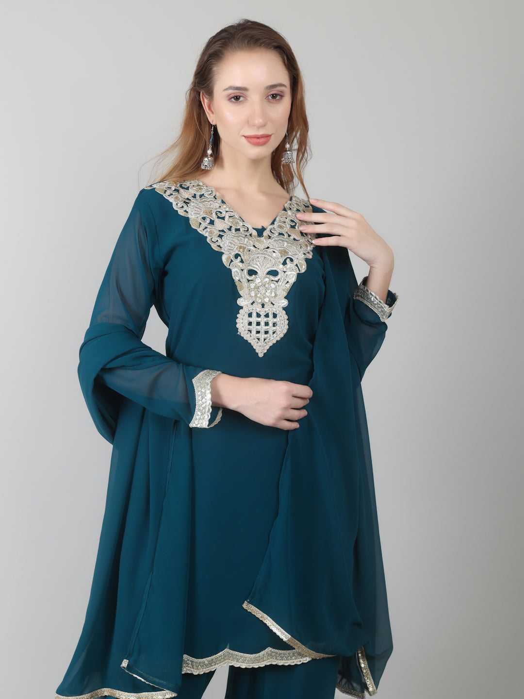 Teal Vichitra Georgette Shift Suit Set