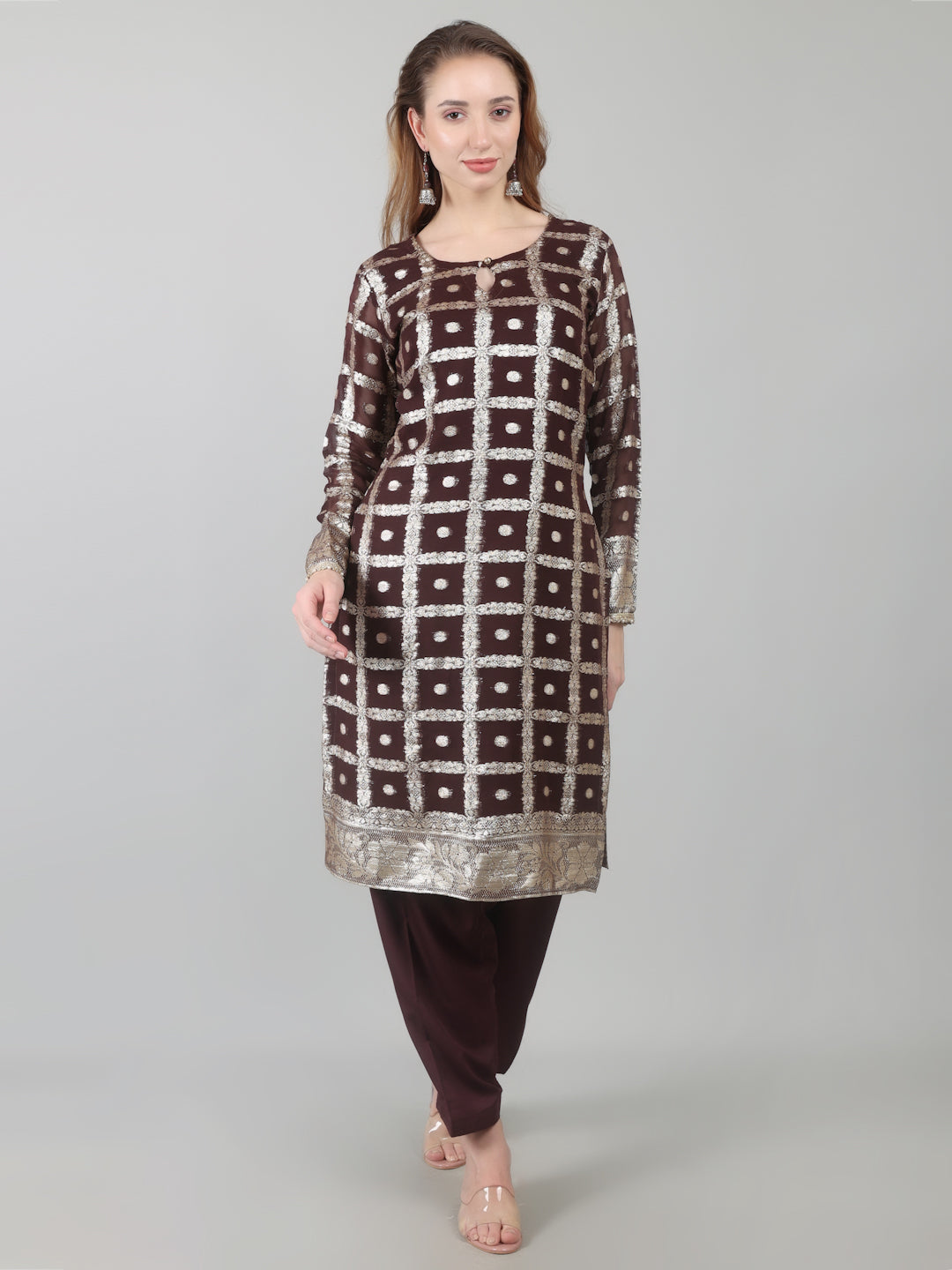 Brown Colour Georgette Jacquard Suit Set