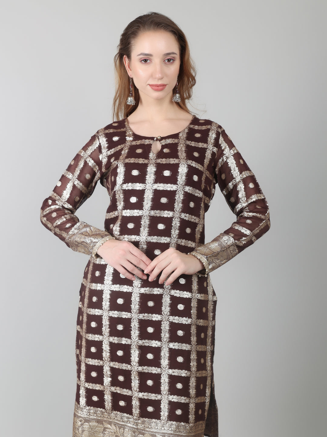 Brown Colour Georgette Jacquard Suit Set