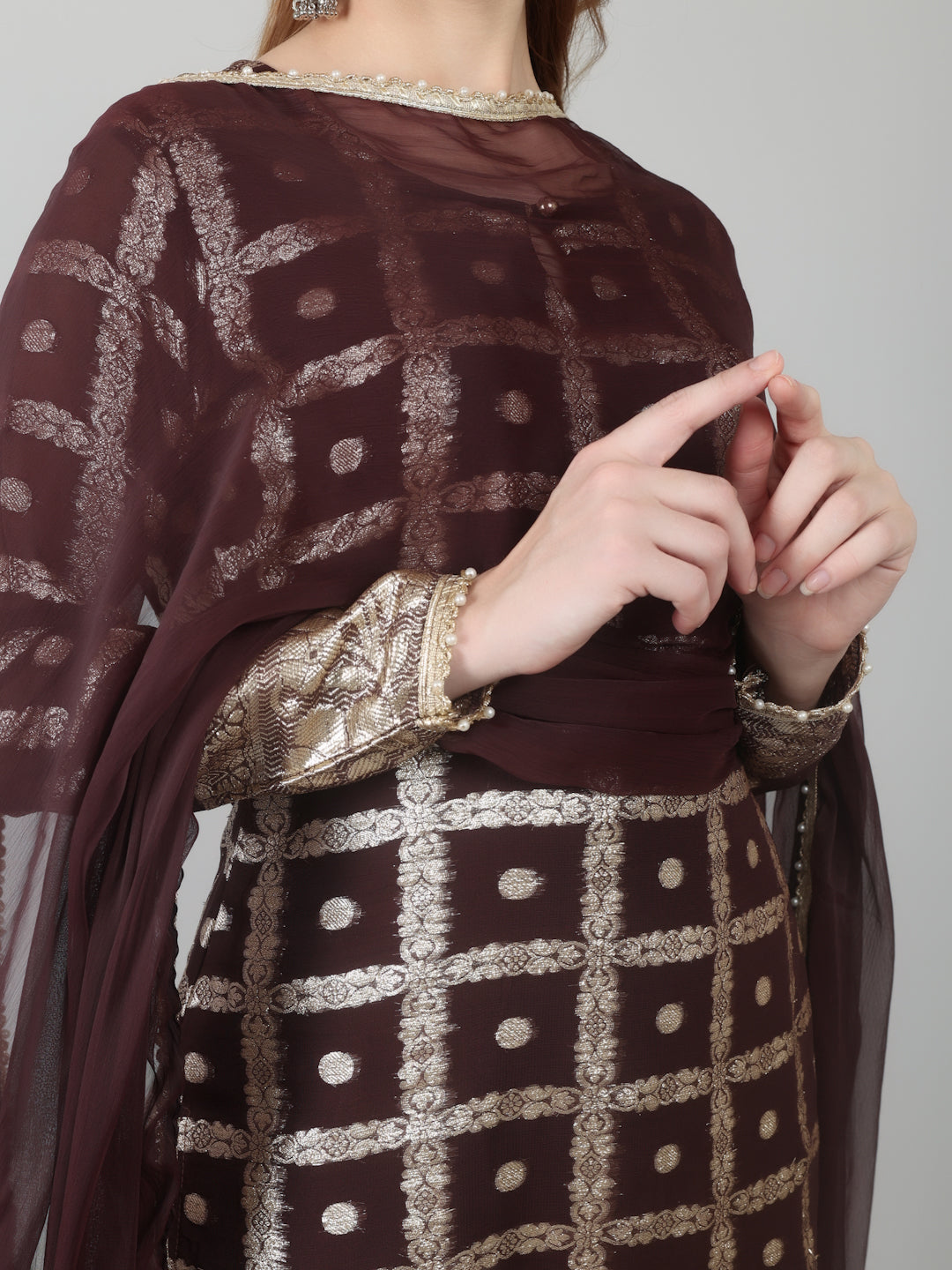 Brown Colour Georgette Jacquard Suit Set