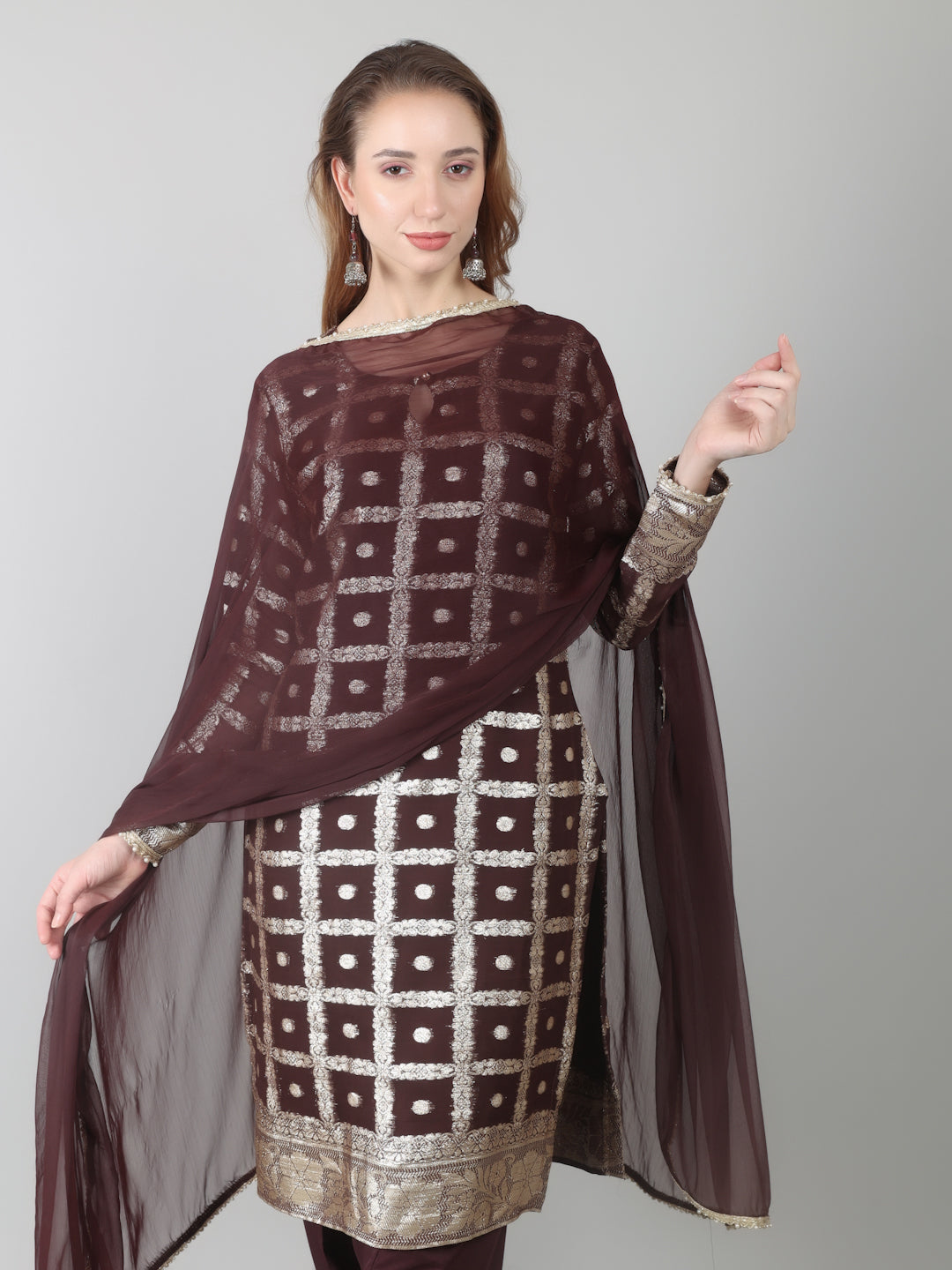 Brown Colour Georgette Jacquard Suit Set