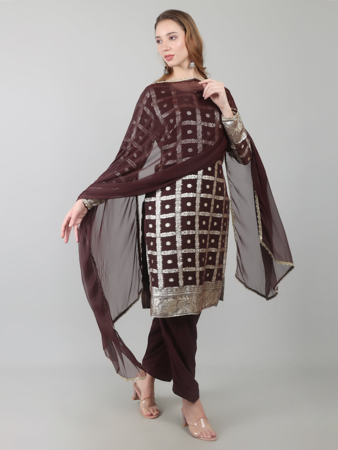 Brown Colour Georgette Jacquard Suit Set