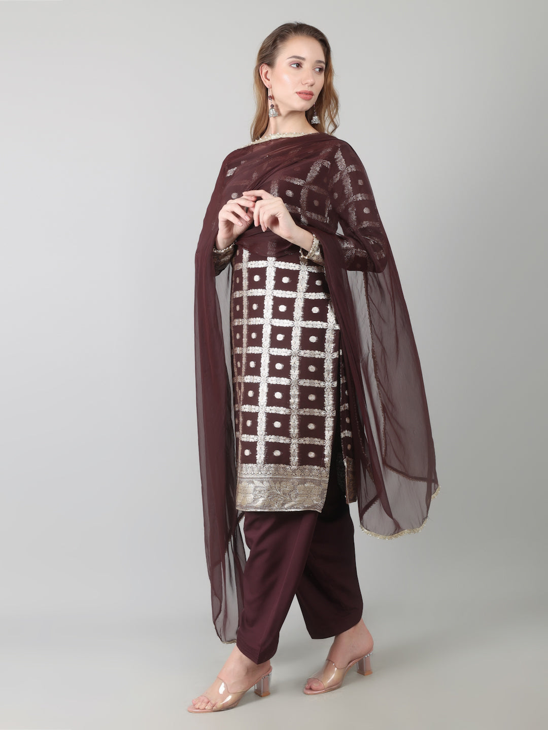 Brown Colour Georgette Jacquard Suit Set