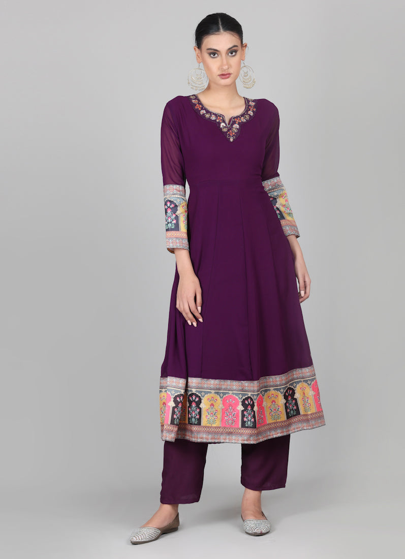 Wine Georgette Multicolour Printed Dupatta Suit Set