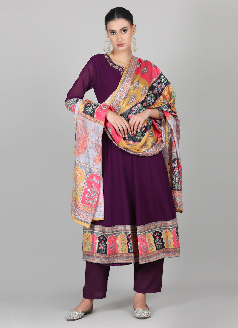 Wine Georgette Multicolour Printed Dupatta Suit Set
