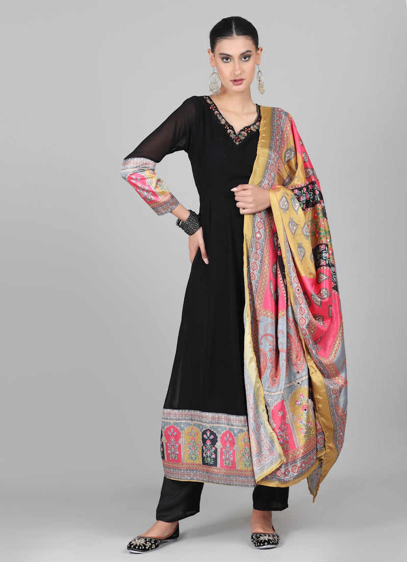 Black Georgette Multicolour Printed Duaptta Suit Set