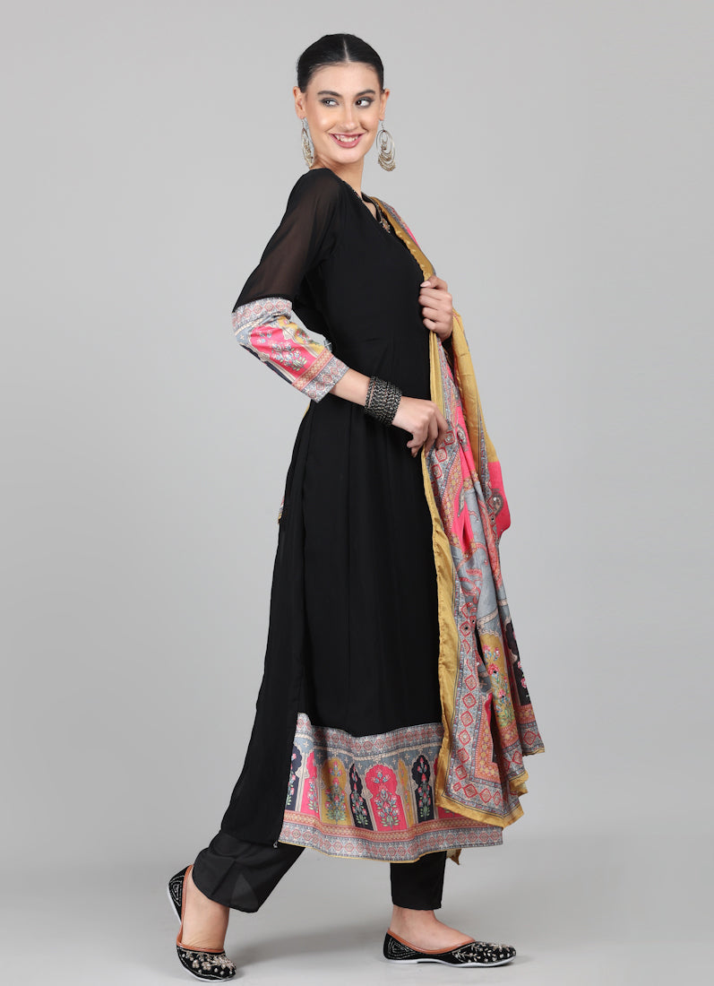 Black Georgette Multicolour Printed Duaptta Suit Set