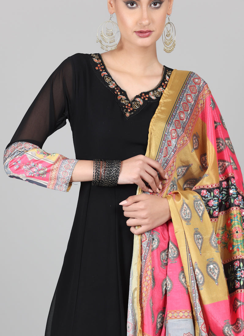 Black Georgette Multicolour Printed Duaptta Suit Set
