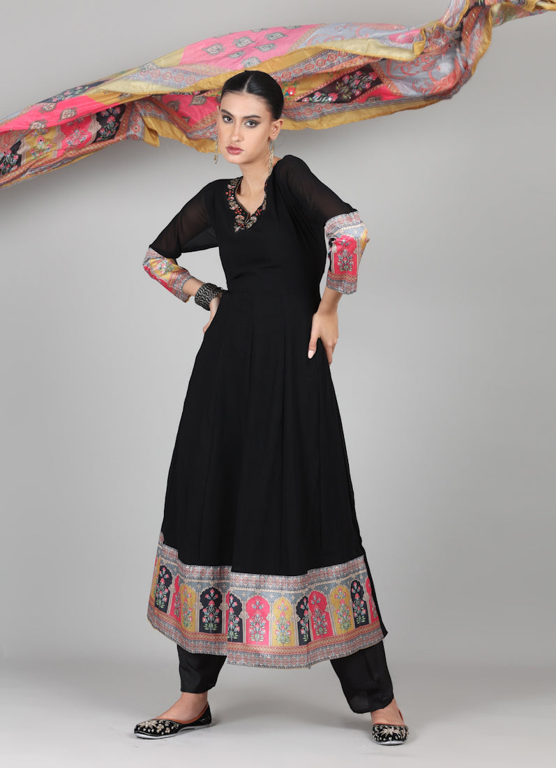 Black Georgette Multicolour Printed Duaptta Suit Set