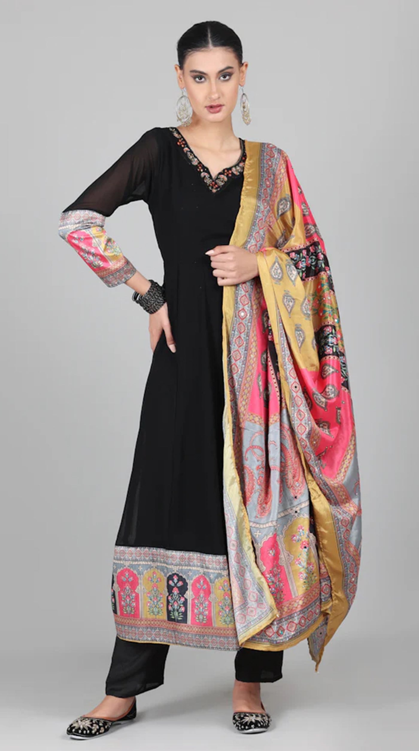 Black Georgette Multicolour Printed Duaptta Suit Set