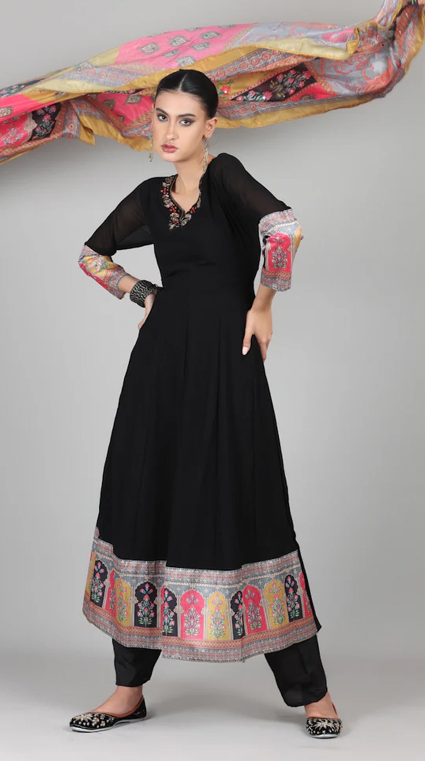 Black Georgette Multicolour Printed Duaptta Suit Set