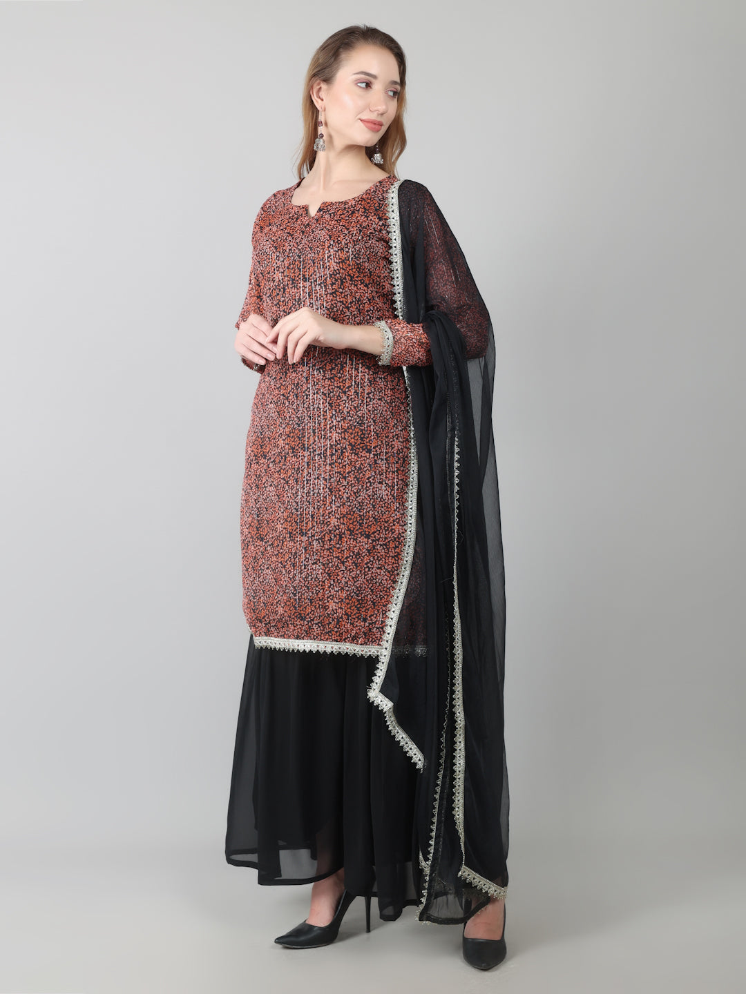 Rust Georgette Lurex Suit Set