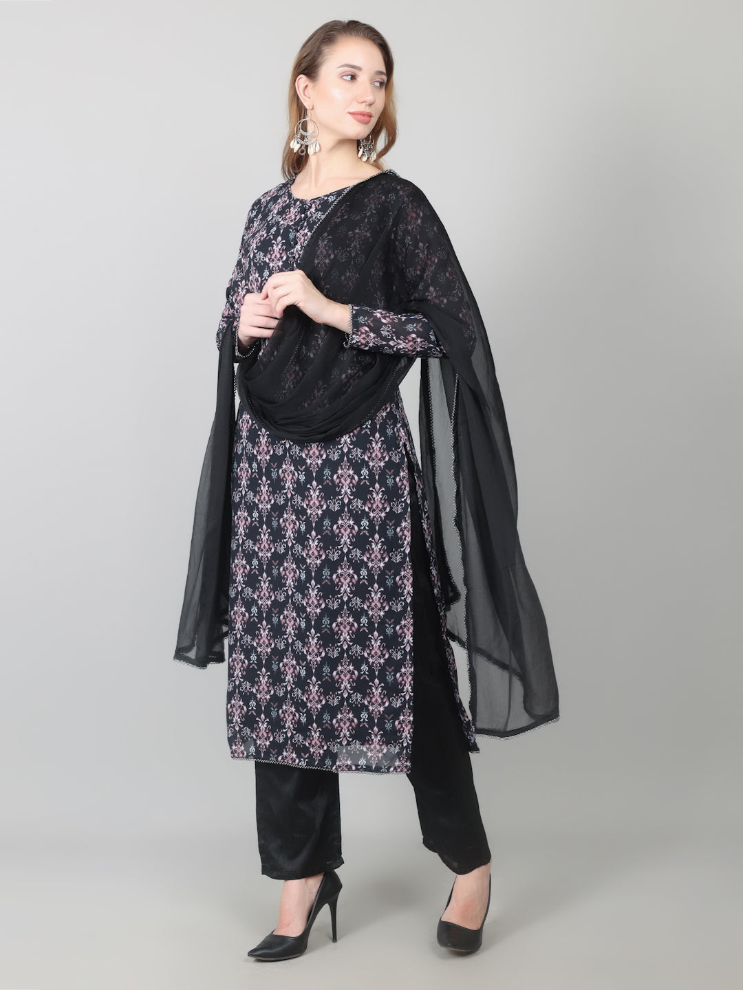 Black Georgette Printed Straight Suit Set