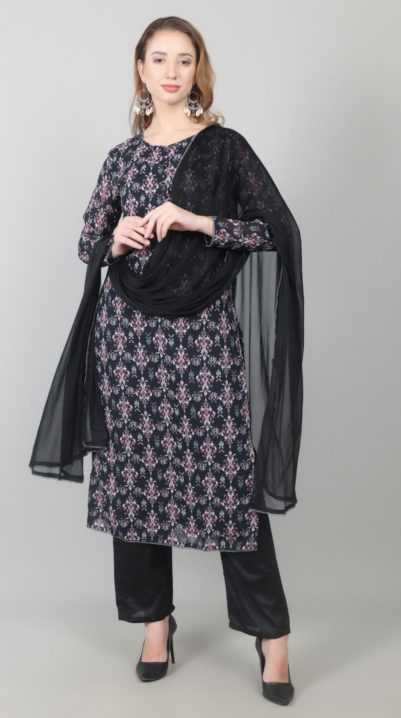 Black Georgette Printed Straight Suit Set