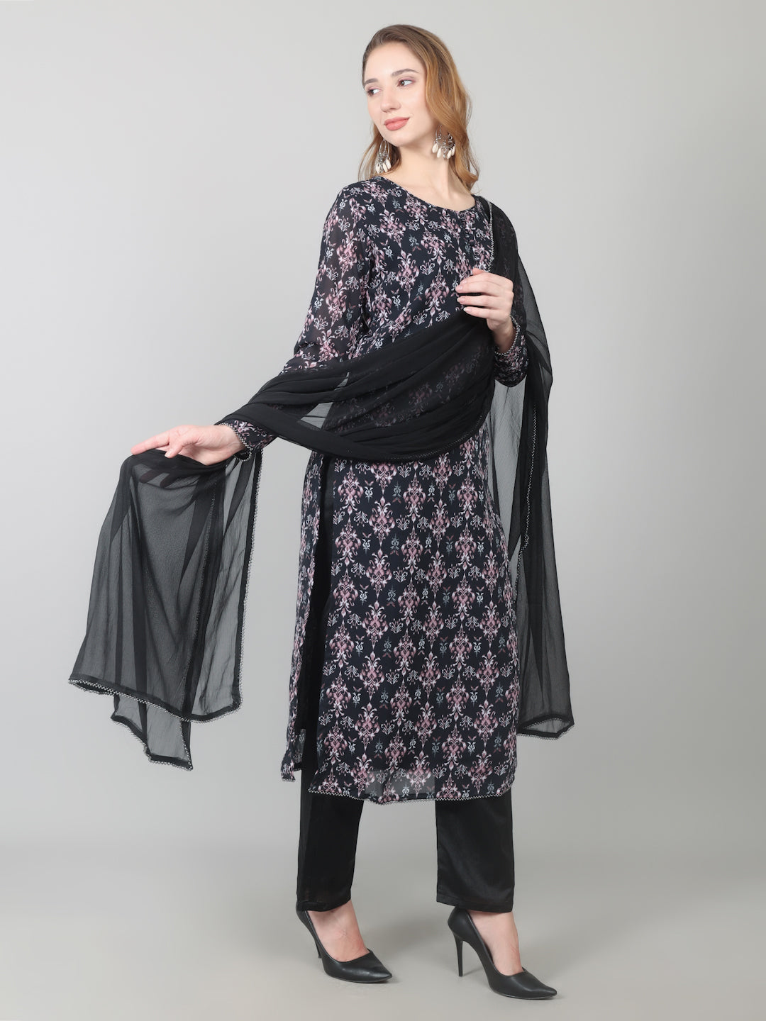 Black Georgette Printed Straight Suit Set