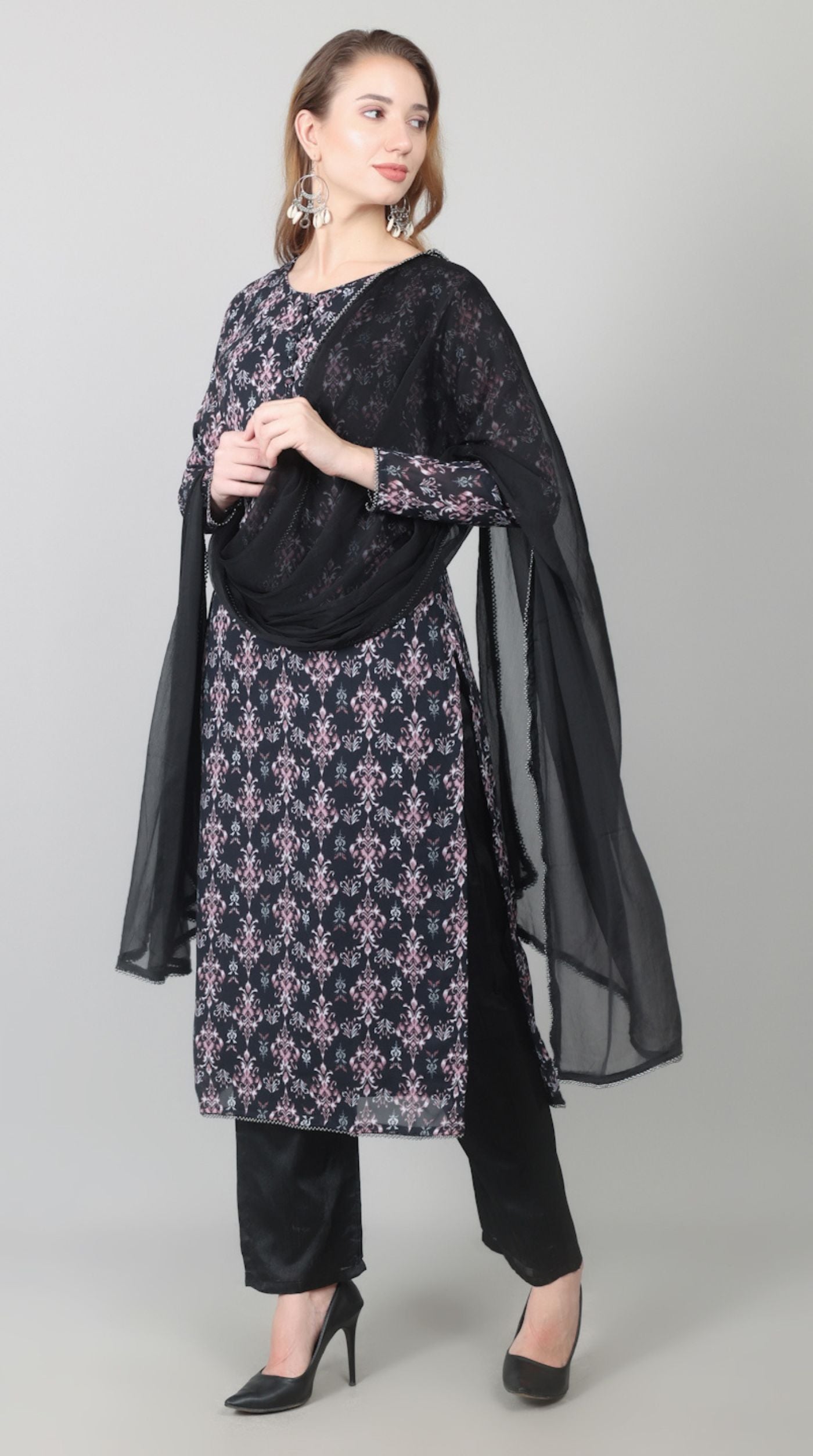 Black Georgette Printed Straight Suit Set