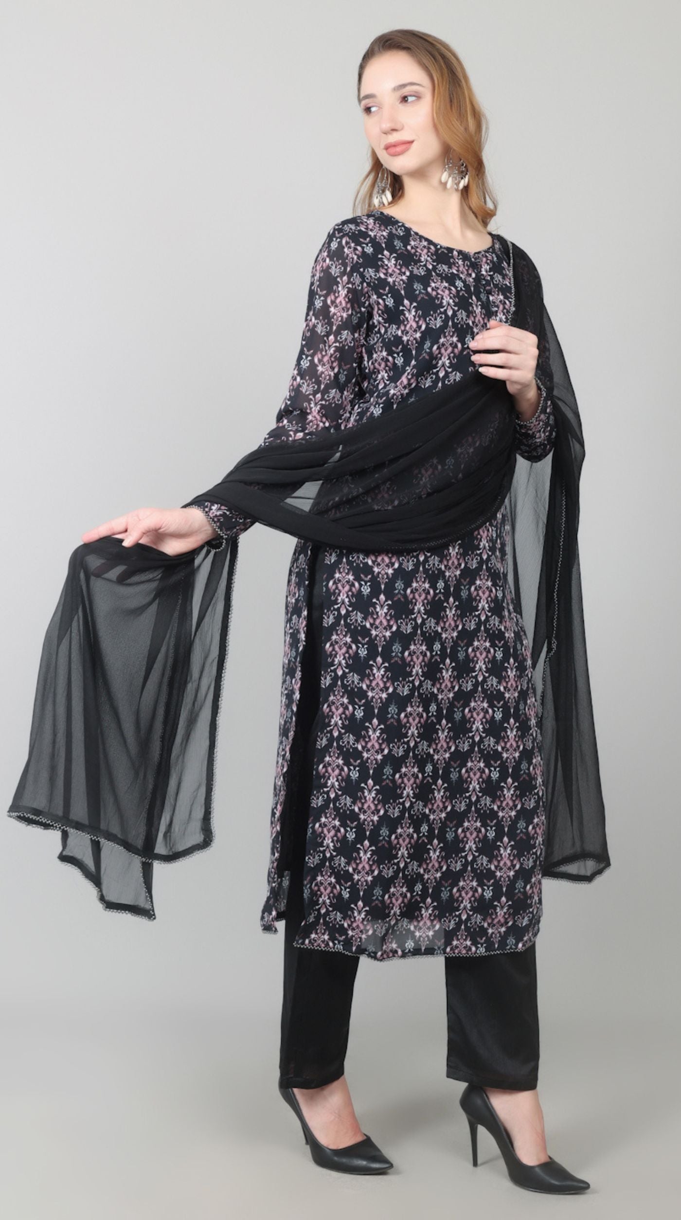 Black Georgette Printed Straight Suit Set