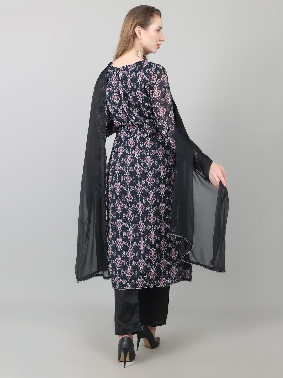 Black Georgette Printed Straight Suit Set